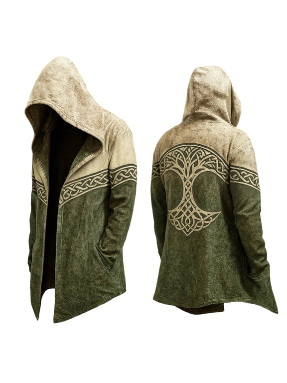 Norse Mythology Hooded Jacket for men Long Sleeve Relaxed Fit Cardigan Coat Streetwear,Green,2XL