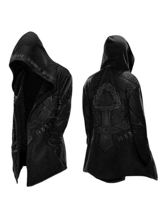 Norse Mythology Hooded Jacket for men Long Sleeve Relaxed Fit Cardigan Coat Streetwear,Khaki,XL