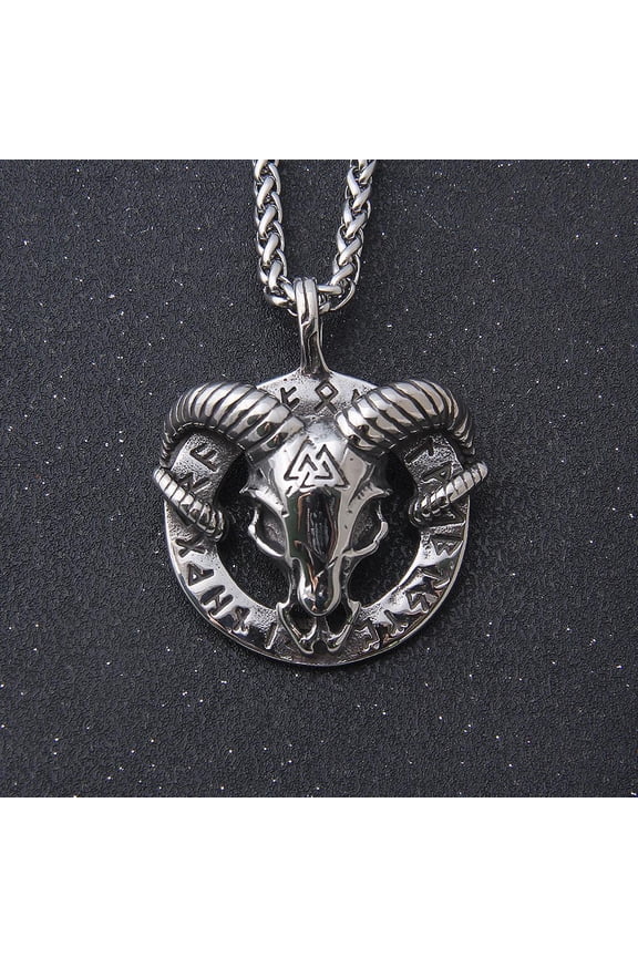 Norse Mythology Men Stainless Steel Nordic Viking Amulet Thor Goat Valknut Pendant Necklace Viking Goat Head Stainless Steel