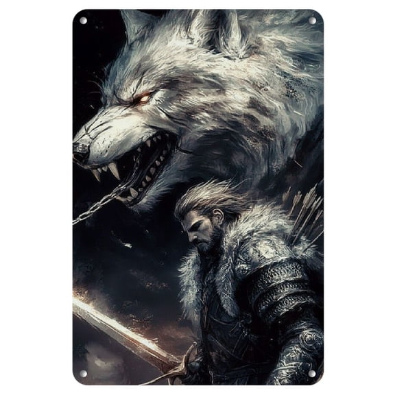Norse Mythology Metal Wall Art - Weather-Resistant Iron Print, Pre-Drilled for Easy Hanging, Wolf and War Deity Design, Home Decor