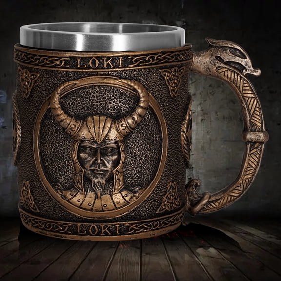 Norse Mythology Viking Trickster God Loki Coffee Mug Resin Drink Cup Tankard Beer Stein With Stainless Steel Liner For Kitchen Home Decor Medieval Renaissance Party Hosting Accessory