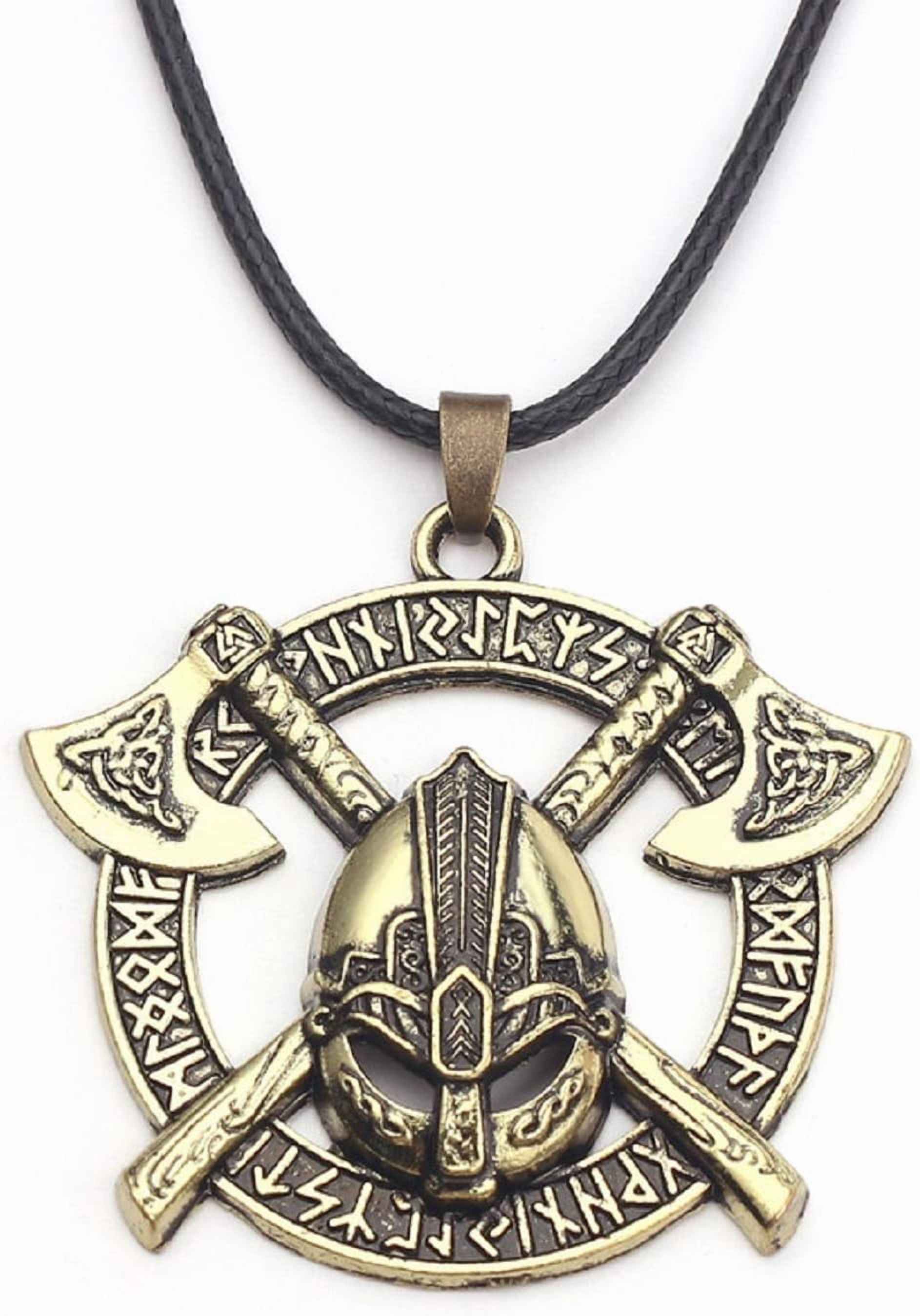 Norse Quality Warrior Helmet Necklace for Men, Viking Runes Double Axe Pendant Necklace with 15.7”+1.9” Chain, Nordic Warriors Tribal Amulet Necklace, Leather Cord, Punk Viking Jewelry Gift[q069]