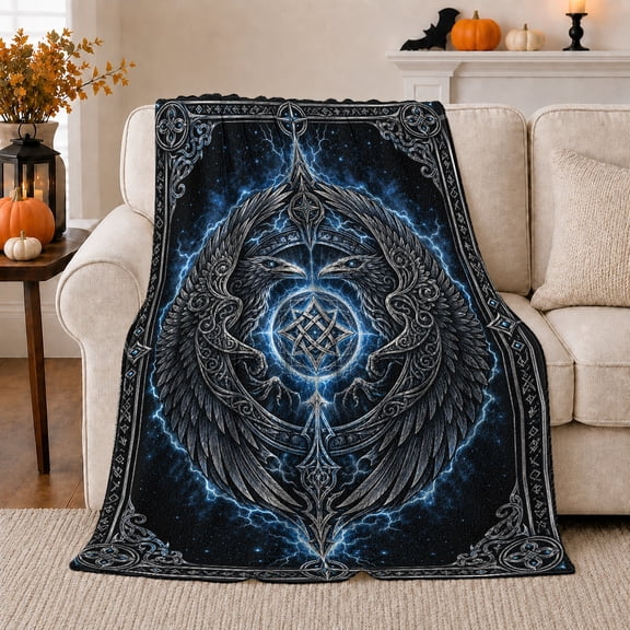 Norse Raven Celtic Pentagram Celestial decorative motif Fantasy, Mystical Bird Art Scene, Warm Flannel Blanket for Living Room and Reading Nook, Bird Lovers Valentine's Day Gift, Artistic Home Decor