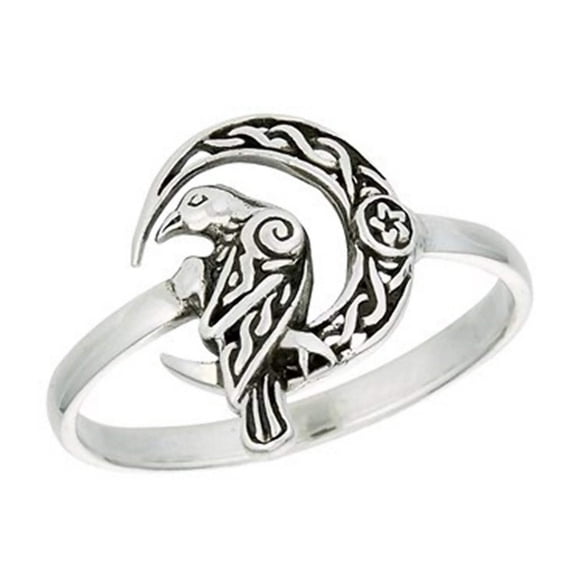 Norse Raven Ring 925 Sterling Silver Celtic Crescent Moon Viking Crow Band Fantasy Forge Jewelry