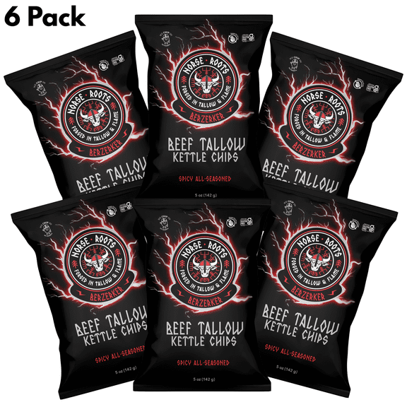 Norse Roots Beef Tallow Kettle Chips Berzerker (Spicy All Seasoned) Seed Oil Free, Gluten Free, 6 Pack, 5 oz Bags