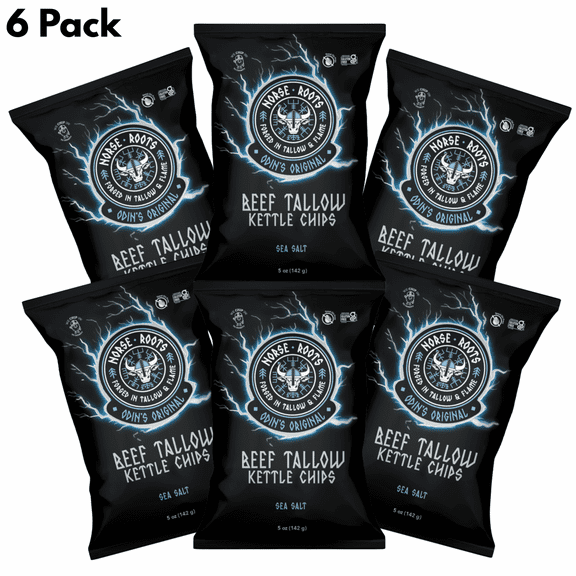 Norse Roots Beef Tallow Chips Odin's Original (Sea Salt) Seed Oil Free, Gluten Free, 6 Pack, 5 oz Bags