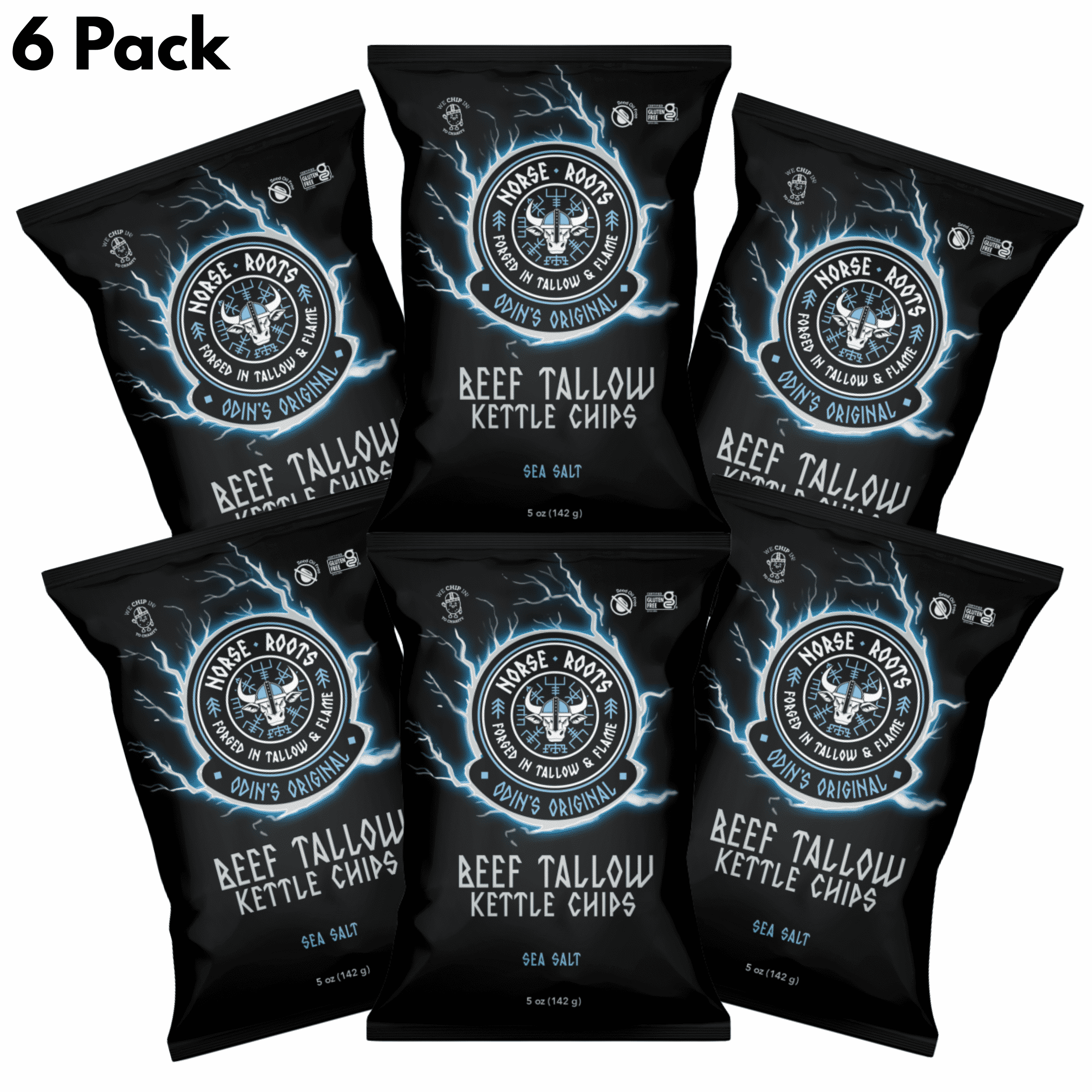 Norse Roots Beef Tallow Kettle Chips – Odin's Original (Sea Salt) – Seed Oil Free, Gluten Free, 6 Pack, 5 oz Bags
