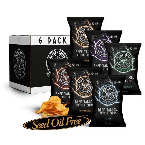 Norse Roots Beef Tallow Kettle Chips Variety Pack – 6 Flavors (Sea Salt, Honey BBQ, Rosemary Steak, Cheddar & Sour Cream, Spicy All Seasoned, Salt & Pepper) – Seed Oil Free, Gluten Free, 6 Pack, 5 oz