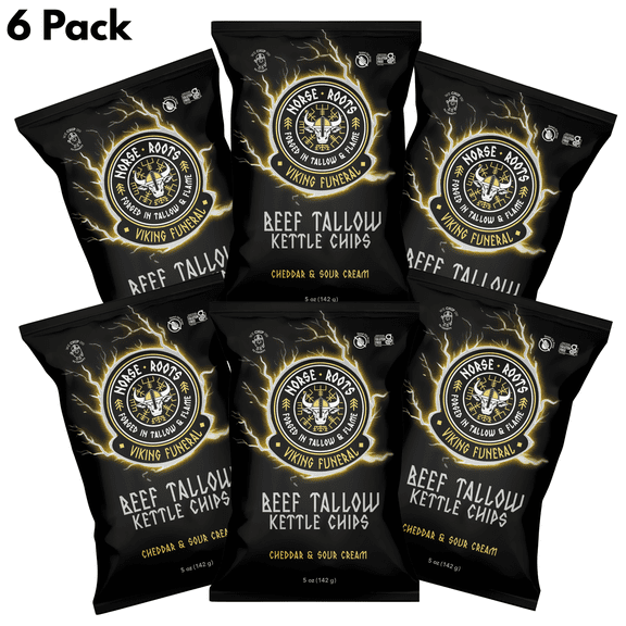 Norse Roots Beef Tallow Kettle Chips Viking Funeral (Cheddar & Sour Cream) Seed Oil Free, Gluten Free, 6 Pack, 5 oz Bags