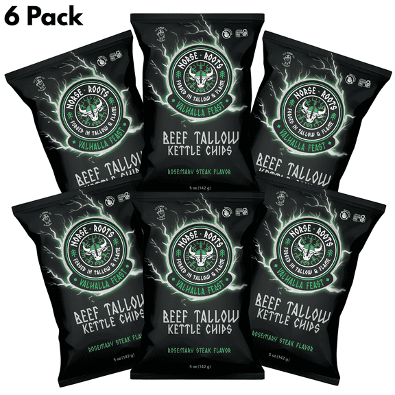 Norse Roots Valhalla Feast Rosemary Steak Beef Tallow Chips, 5 oz, 6 Pack, Potato Chips, Seed Oil-Free, Made with Beef Tallow, Rosemary & Salt