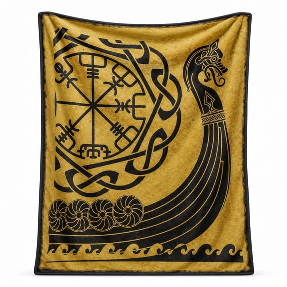 Norse Rune Fleece Throw Blanket, Black Gold Viking-Inspired Printed Blanket
