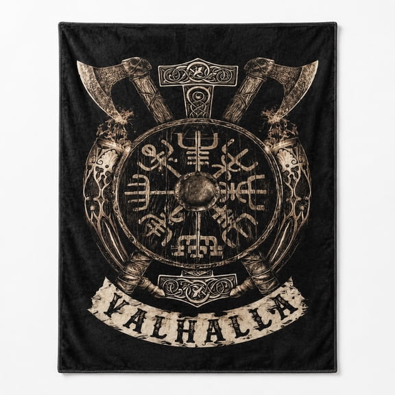 Norse Shield Axe Fleece Throw Blanket, 280 GSM Polyester, Dark Viking Style Decor