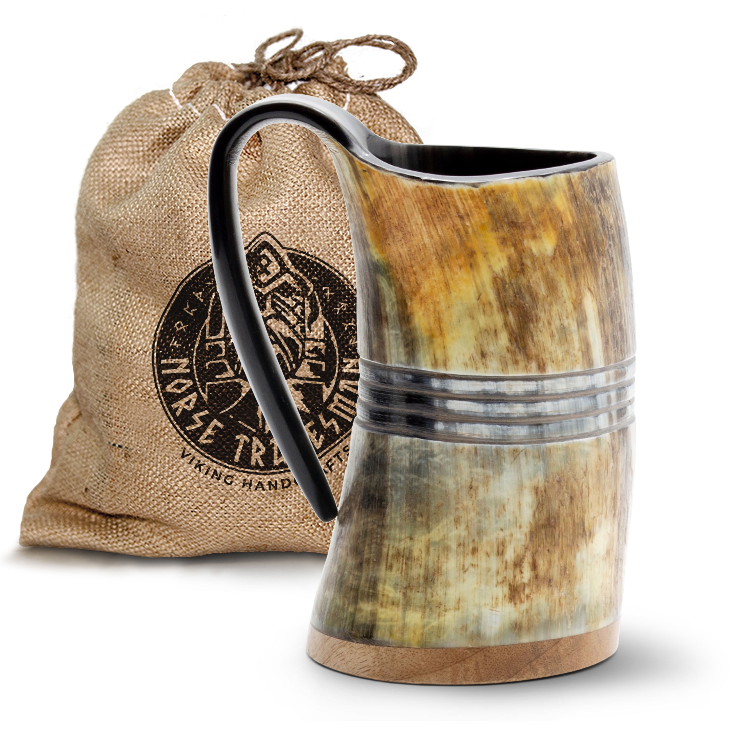 Large Viking Style Ox Horn Drinking Mug with Hardwood Base