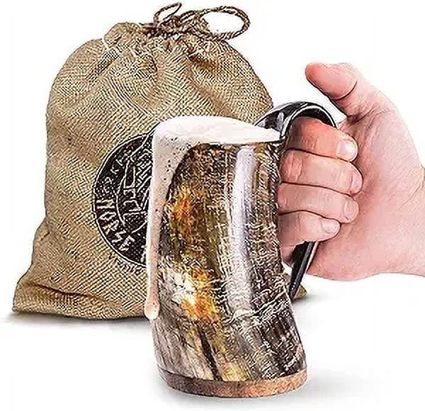 Large Viking Ox Horn Drinking Mug with Burlap Sack