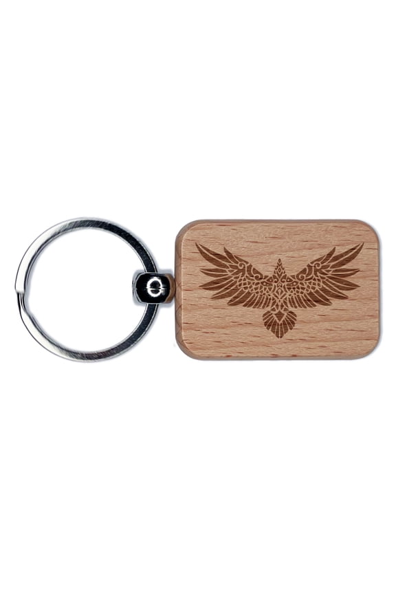 Norse Tribal Raven Crow Bird with Spread Wings Rectangle Keychain Charm Tag - Engraved Wood