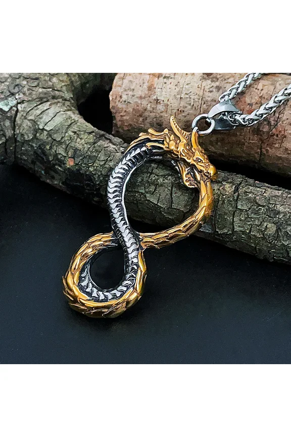 Norse Viking Dragon Necklace 14K White Gold Men Vintage Self-Devourer Viking Ouroboros Pendant Necklace Hip Hop Biker Jewelry