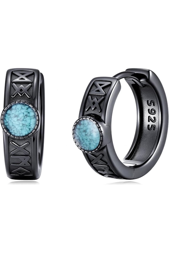 Norse Viking Earrings for Men 925 Sterling Silver Huggie Rune Turquoise Hoop Earrings Viking Jewelry Gifts for Men Women