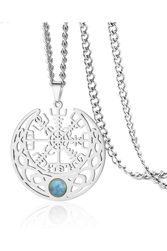 Norse Viking Necklace Stainless Steel Compass Vegvisir Pendant Crescent Moon with Turquoise Celtic Knot Talisman Amulet Jewelry