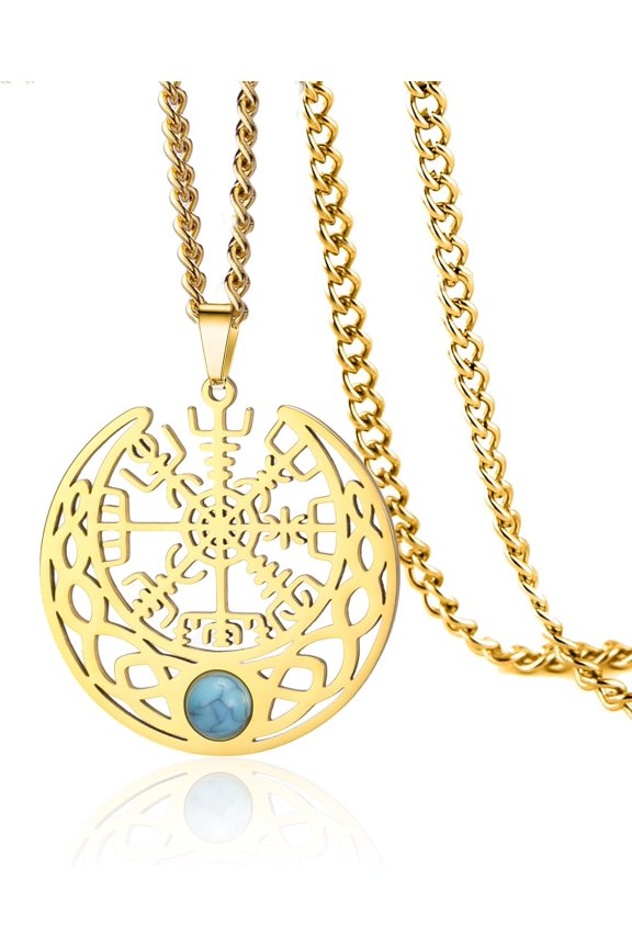 Norse Viking Necklace Stainless Steel Compass Vegvisir Pendant Crescent Moon with Turquoise Celtic Knot Talisman Amulet Jewelry