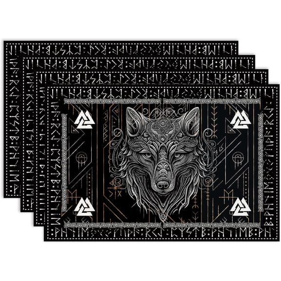 Norse Viking Placemats Set of 6, Nordic Mythology Ancient Mythical Wolf Ethnic Style Decorative Table Mat Heat Resistant Place Mats for Dining Kitchen Party Holiday Decor 12x18 Inch