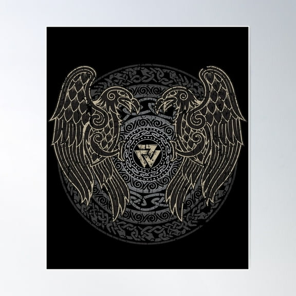 Norse Viking Ravens Valknut Celtic Knotwork Distressed Poster Wall Art, Modern Wall Decor For Living Room Bedroom, 24x36 UNFRAMED