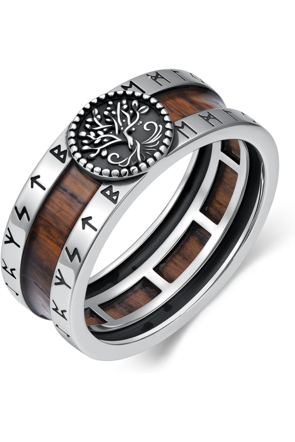 Norse Viking Rings for Men 925 Sterling Silver Tree of Life Ring Wood Rune Band Rings Norse Pagan Jewelry Gifts Size 8