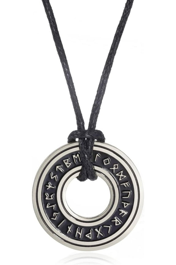 Norse Viking Runes Necklace For Men Women Runic Elder Futhark Talisman Circle Pendant Necklace Stainless Steel Leather Chain Norse Viking Jewelry Gifts, Stainless Steel, No Gemstone