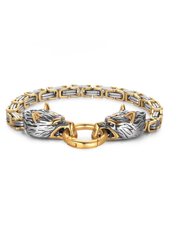 Norse Viking Wolf Head Bracelet Stainless Steel Byzantine Chain Cuff Bangle for Men Amulet Jewelry Gift