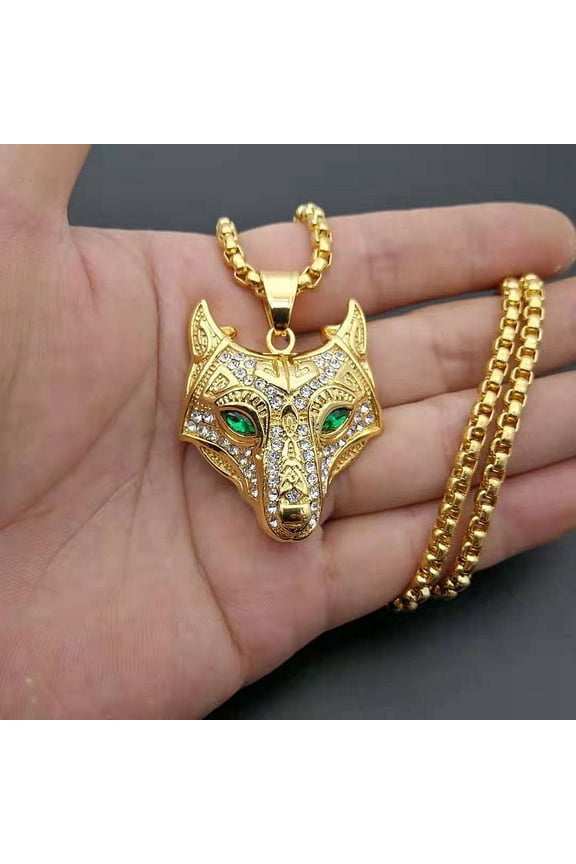 Norse Viking Wolf Head 14K Gold Filled Pendant Necklace for Women Men, Inlaid Cubic Zirconia Original Animal Fashion Jewelry