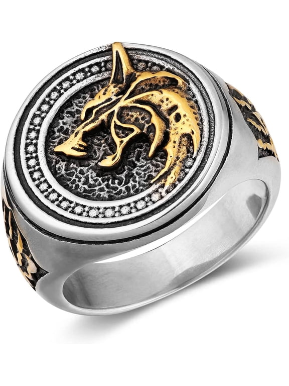 Norse Viking Wolf Ring for Men Stainless Steel Retro Wizard Warrior Hunter Wolf Head Wolf Paw Rings Jewelry Gift