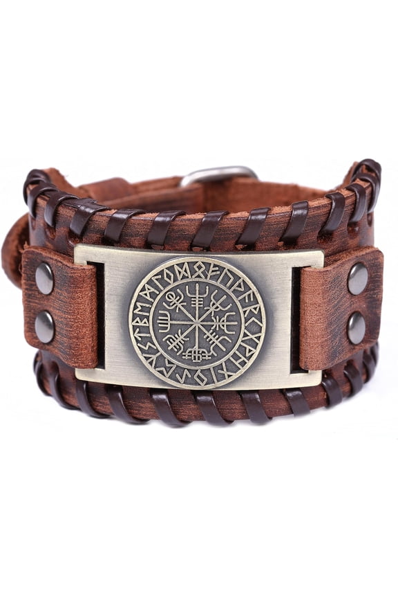 Norse Vikings Runes Amulet Leather Bracelet Icelandic Vegvisir Symbol For Luck And Blessings(Antique Bronze,Brown)