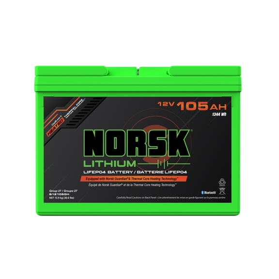 Norsk B12105GH 12V 105AH Heated LiFePO4 Lithium Deep Cycle Marine Battery