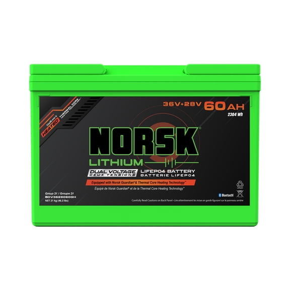 Norsk BDV3628060GH 36V 28V 60AH Dual Voltage Heated LiFePO4 Lithium Battery