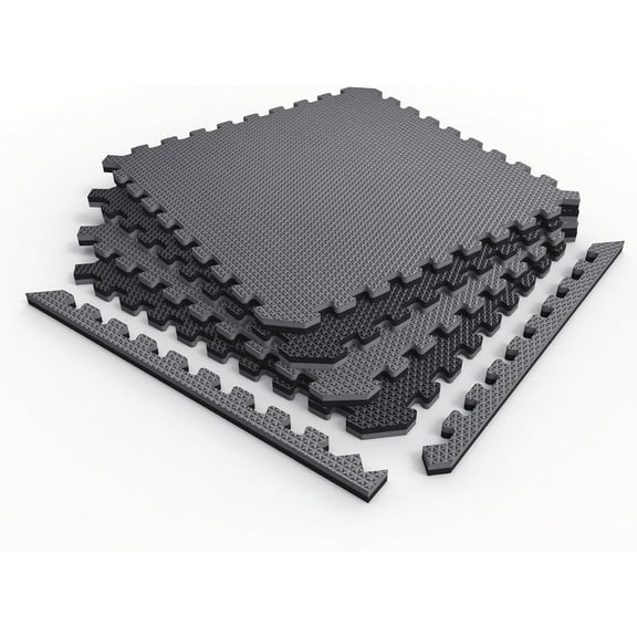 Norsk Reversible Gym Exercise Mats 3/4" Thick EVA Interlocking Foam Tiles, Perfect Home Gym Flooring, 12 Tiles & 24 Trim Pieces, 48 Sq. Ft. Reversible, Gray/Black