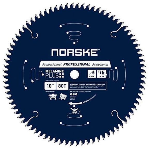 Norske Tools NCSBP273 10 inch 80T Melamine Plus Saw Blade For Ultra-smooth Cutting of Melamine, Laminates, Hardwoods and Laminate Flooring 5/8 inch Bore