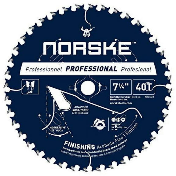 Norske Tools NCSBS413 7-1/4" 40T Socktooth Circular Saw Finishing Blade 5/8" Bore with Laser Cut Diamond Knockout