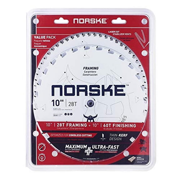 Norske Tools NCSBT150C 10" 28T Framing 60T Finishing Thin Kerf Saw Blade Combo Pack 5/8" Bore for Dimensional Lumber, Press Treated Wood, Plywood, OSB, Hardwood, Softwood, Plywood and MDF