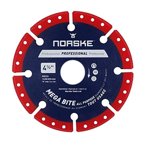 Norske Tools NDBS335 4 5 inch Mega Bite Diamond Vacuum Brazed Cutoff Wheel 7 8 inch Bore for Cutting in Wood Tubular Metals non Ferrous Metals Masonry Products Tiles and PVC