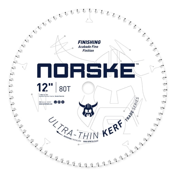 Norske Tools Thin Kerf Ultra Fast Finishing Saw Blade NCSBT029 12" x 80T with 1" Bore for Hardwood, Softwood, Plywood and MDF, White C80