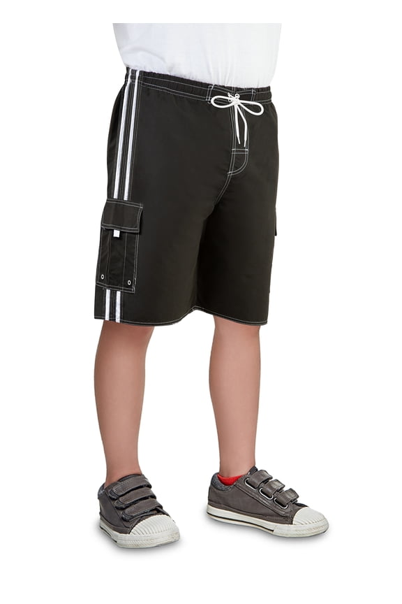 Big Boy's Quick Dry Beach Swim Trunks Shorts with Cargo Pokcets-5104B-Blk/Wht-18