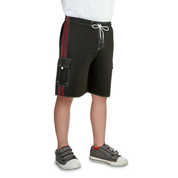 North 15 Big Boy's Quick Dry Beach Swim Trunks Shorts with Cargo Pokcets-5104B-Blk/red-14-16