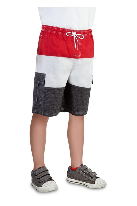 Big Boy's Quick Dry Beach Swim Trunks Shorts with Cargo Pokcets-5111B-Rd/Blk-10-12