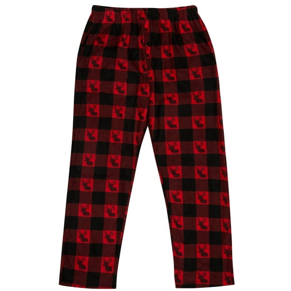 North 15 Boy's Super Soft, Buffalo Plaid with Deer Head, Polar Fleece Lounge Pants-1233B-Red-14-16