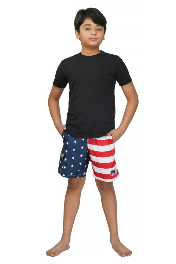 Boy's USA American Flag Microfiber Swim Trunk Boardshorts with Cargo Pokcet-7110B-Prt 8-14-16