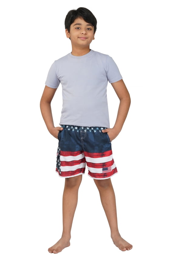 Boy's USA American Flag Microfiber Swim Trunk Boardshorts with Cargo Pokcet-7110B-Prt 9-10-12