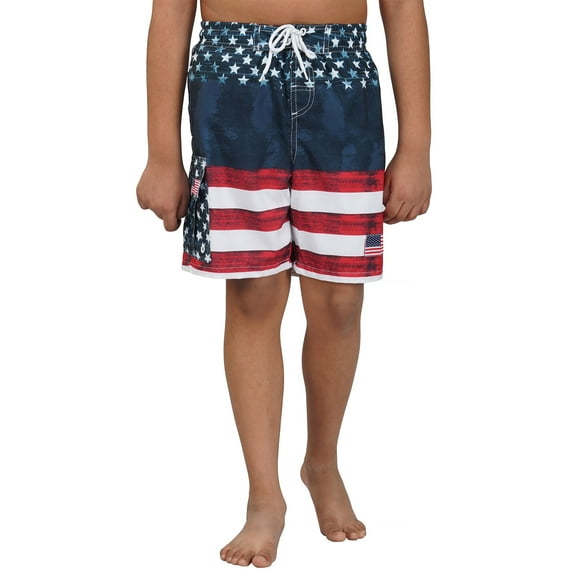 North 15 Boy's USA American Flag Microfiber Swim Trunk Boardshorts with Cargo Pokcet-7110B-Prt 9-8