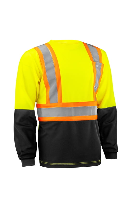 High-Visibility 4" Contrast Reflective Long Sleeve Blk/Yell Safety T-Shirt with Moisture Wicking Mesh-6895LS-2XL