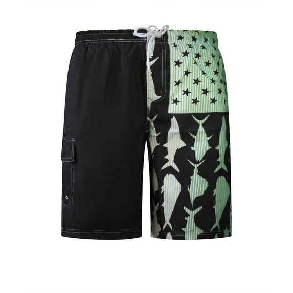 North 15 Men's American Flag Microfiber Shark Print Swim Trunk Boardshorts with Cargo Pockets-7125-Blk/Grn-5XL