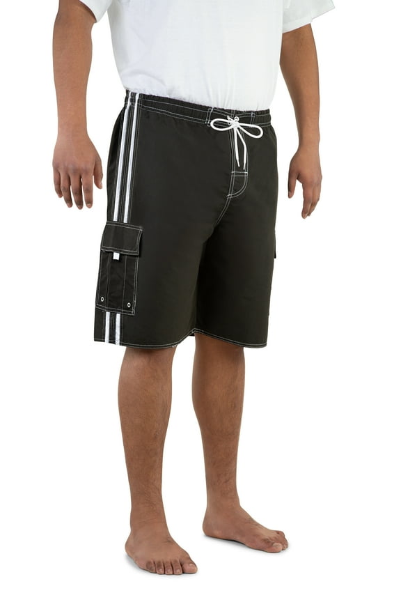 Men's Board Beach Swim Trunks Shorts with Cargo Pockets-5104-Blk-Wht-5XL