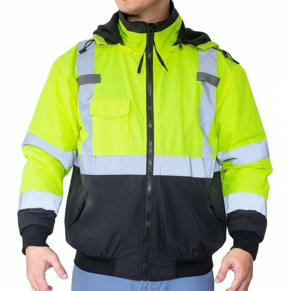 North 15 Men's High Visibility Safety Bomber Hooded Jacket, Fleece Lined-2008-3XL